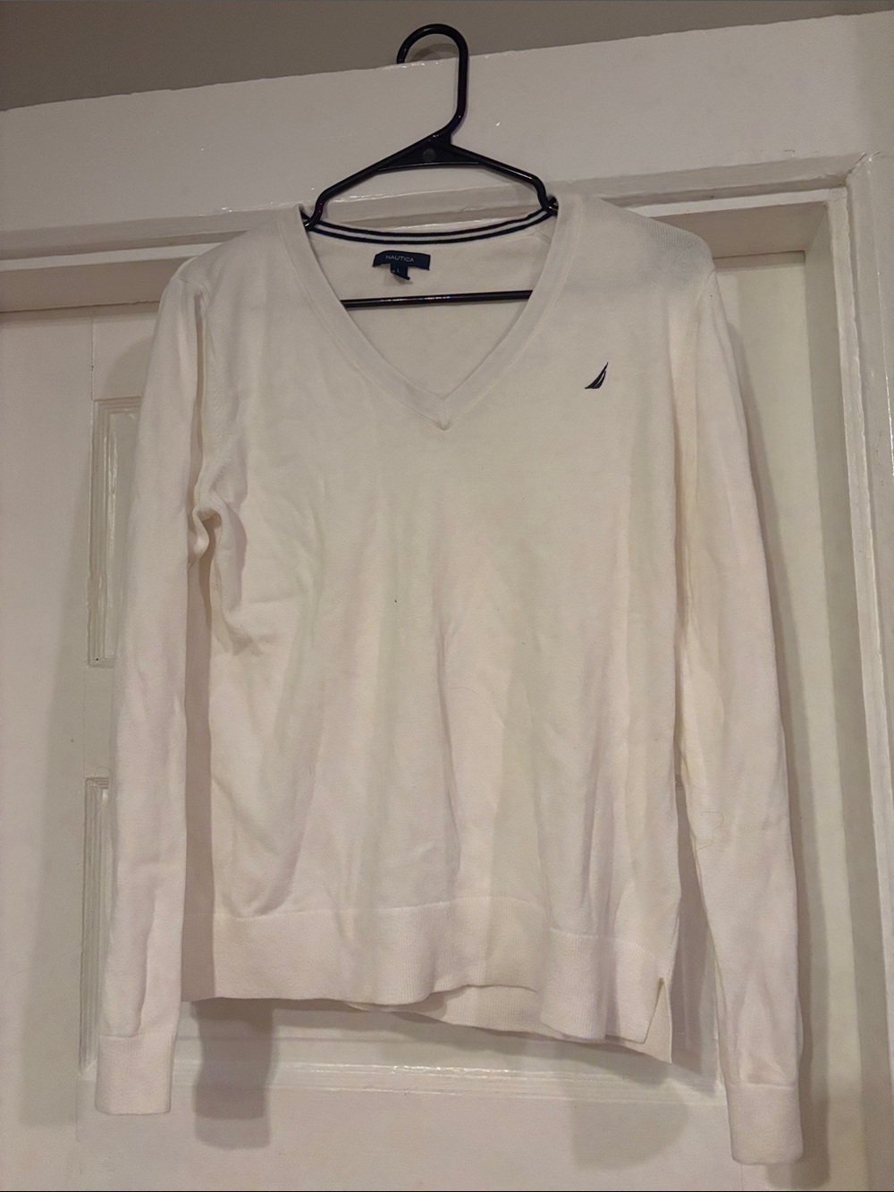 Nautica Women's Cream V-Neck Sweater with Navy Sail Logo